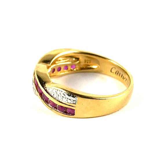 Sterling Silver 925 Gold Plate Genuine Ruby and Diamond "Catherine & Dennis"Ring - Picture 3 of 4